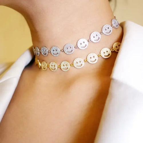 CZ Smiley Happy Face Choker Necklace - Racquesh