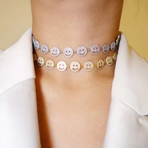 CZ Smiley Happy Face Choker Necklace - Racquesh