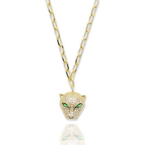 Green Eye Panther Paperclip Necklace - Racquesh