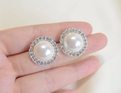 Large Silver CZ Pearl Stud Earrings - Racquesh