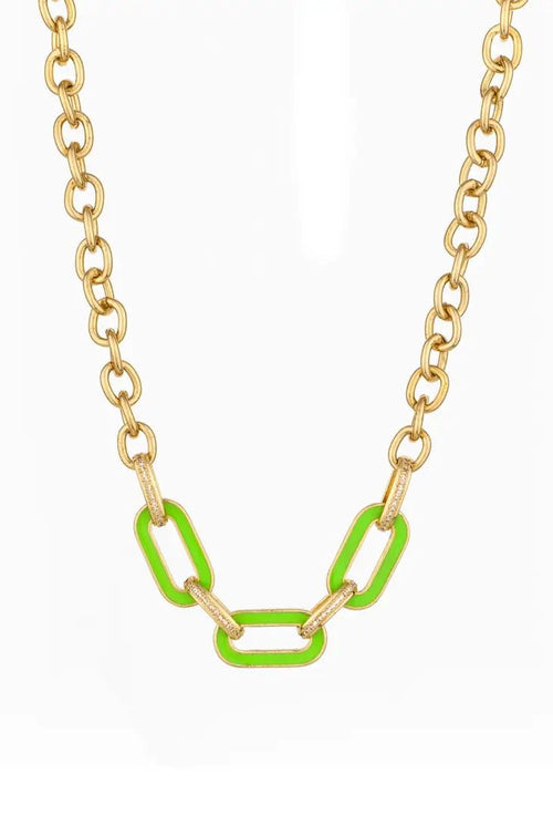 Neon Green Linked 18k Gold Plated Chain Necklace - Racquesh